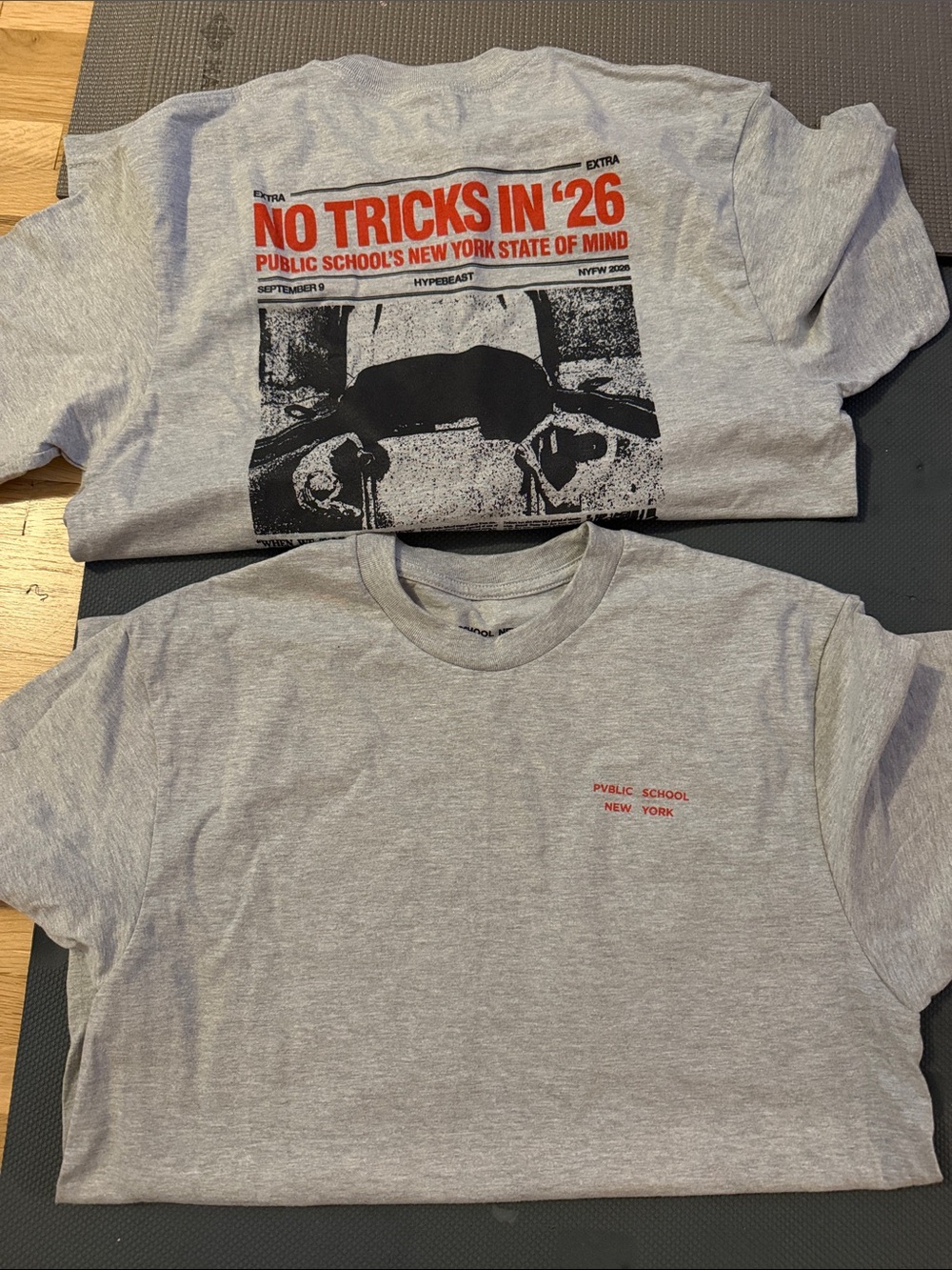 Public School x HYPEBEAST collab shirt Light Gray Tee with Red Text Back Graphic